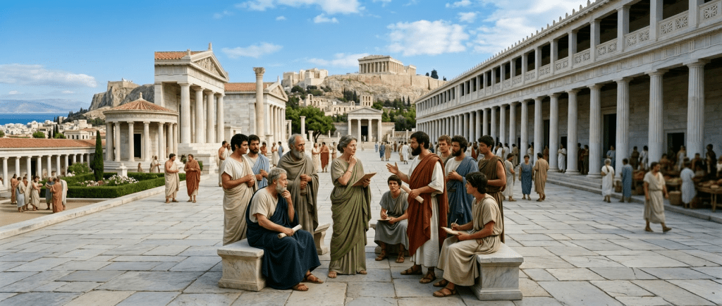 Group of ancient Greek men in togas discussing ideas outdoors near classical buildings